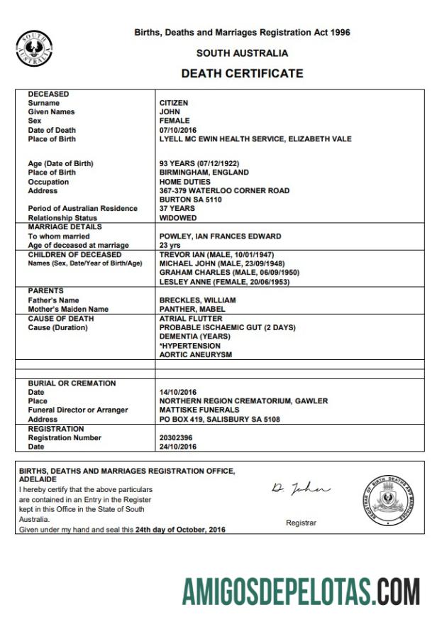 Realista modelo de certidão de óbito da Austrália do Sul da Austrália em formato Word